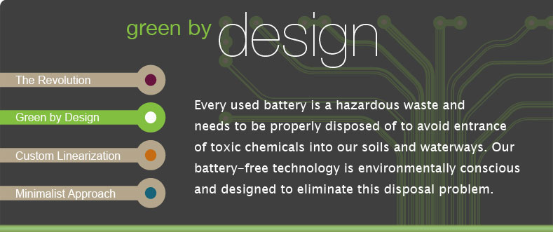 Every used battery is a hazardous waste and needs to be properly disposed of to avoid entrance of toxic chemicals into our soils and waterways. Our battery-free technology is environmentally conscious and designed to eliminate this disposal problem.